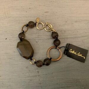 Cookie Lee Transparent Smoky Brown Beaded Gold Toggle Clasp Bracelet NWT